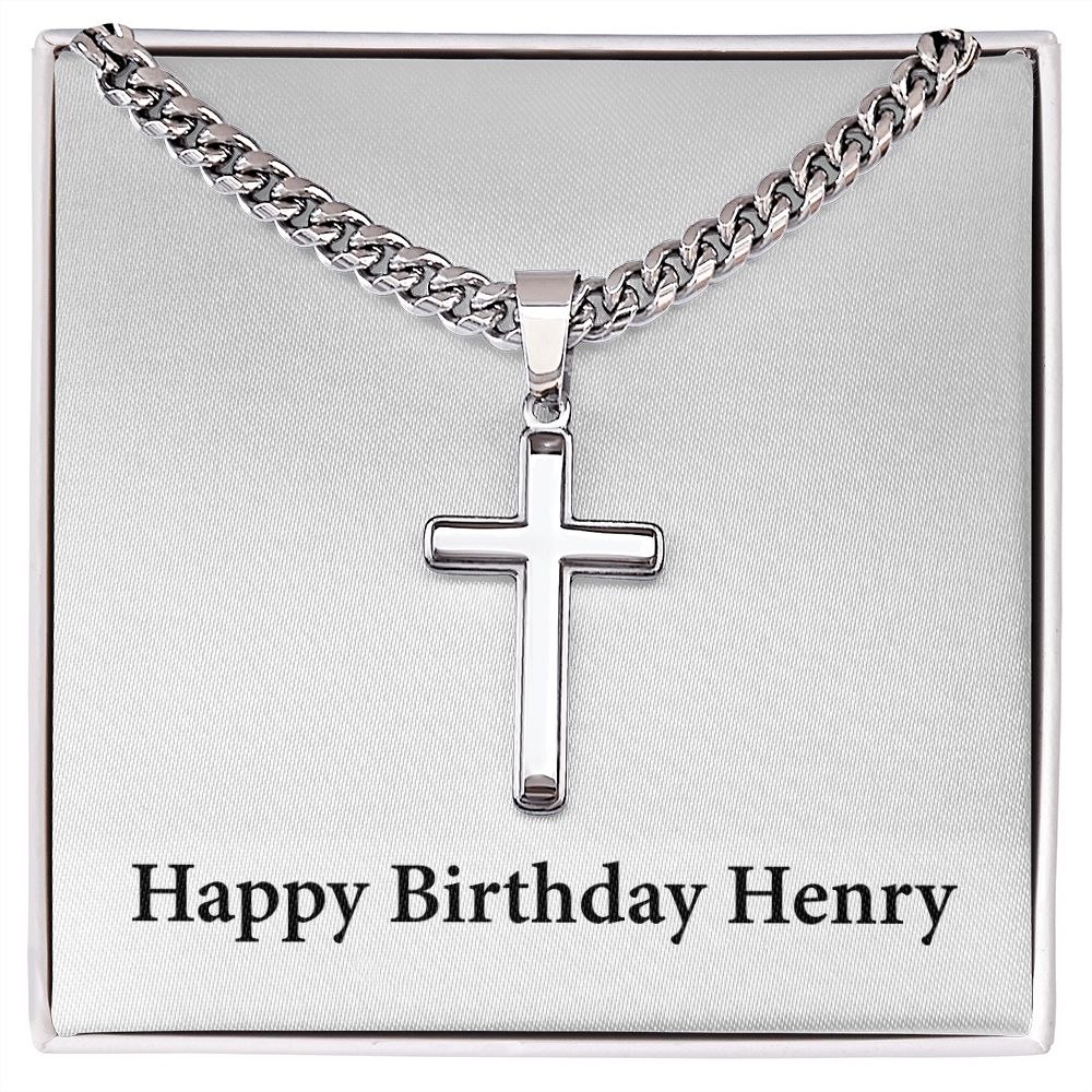 Happy Birthday Henry - Stainless Steel Cuban Link Chain Cross Necklace