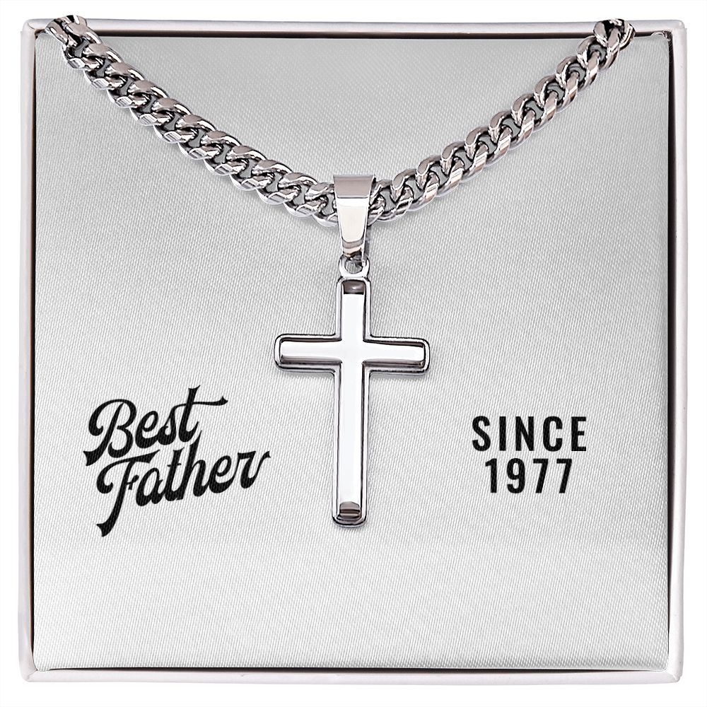 Best Father Since 1977 - Stainless Steel Cuban Link Chain Cross Necklace