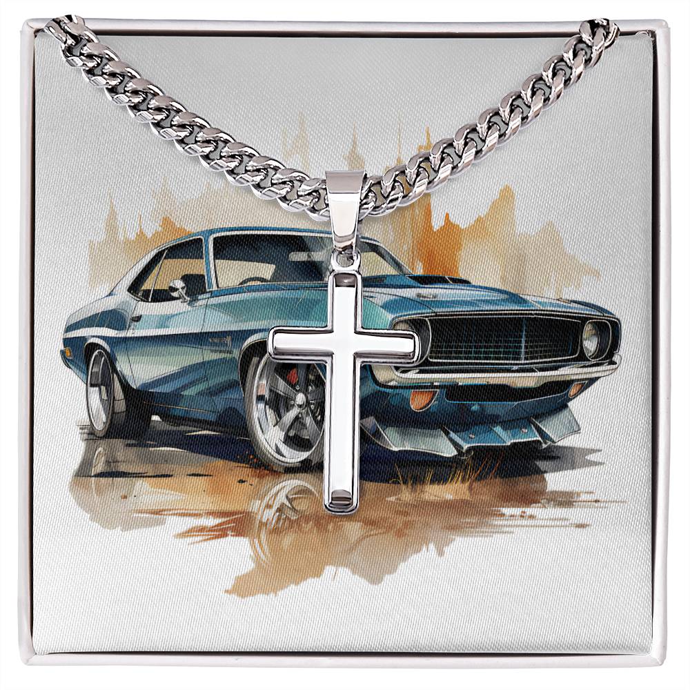Muscle Car 03 - Stainless Steel Cuban Link Chain Cross Necklace