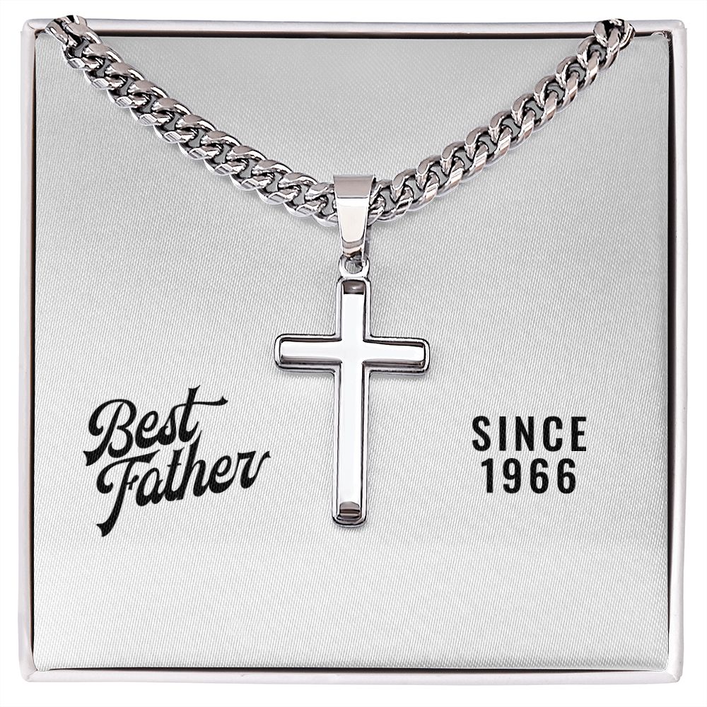 Best Father Since 1966 - Stainless Steel Cuban Link Chain Cross Necklace