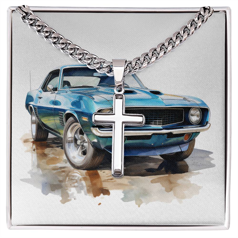 Muscle Car 12 - Stainless Steel Cuban Link Chain Cross Necklace