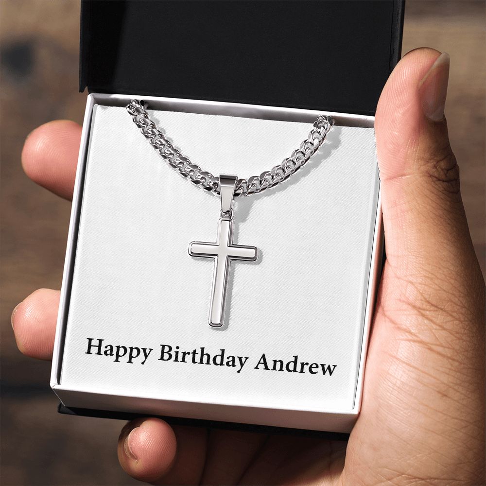 Happy Birthday Andrew - Stainless Steel Cuban Link Chain Cross Necklace