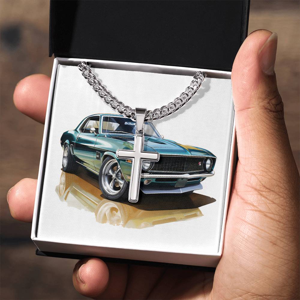 Muscle Car 11 - Stainless Steel Cuban Link Chain Cross Necklace