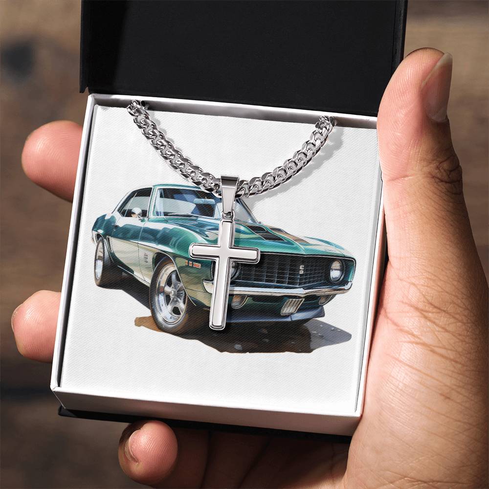 Muscle Car 09 - Stainless Steel Cuban Link Chain Cross Necklace
