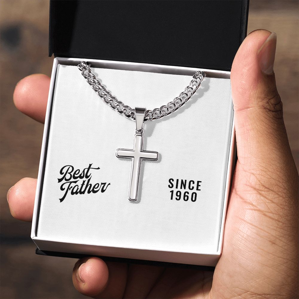 Best Father Since 1960 - Stainless Steel Cuban Link Chain Cross Necklace