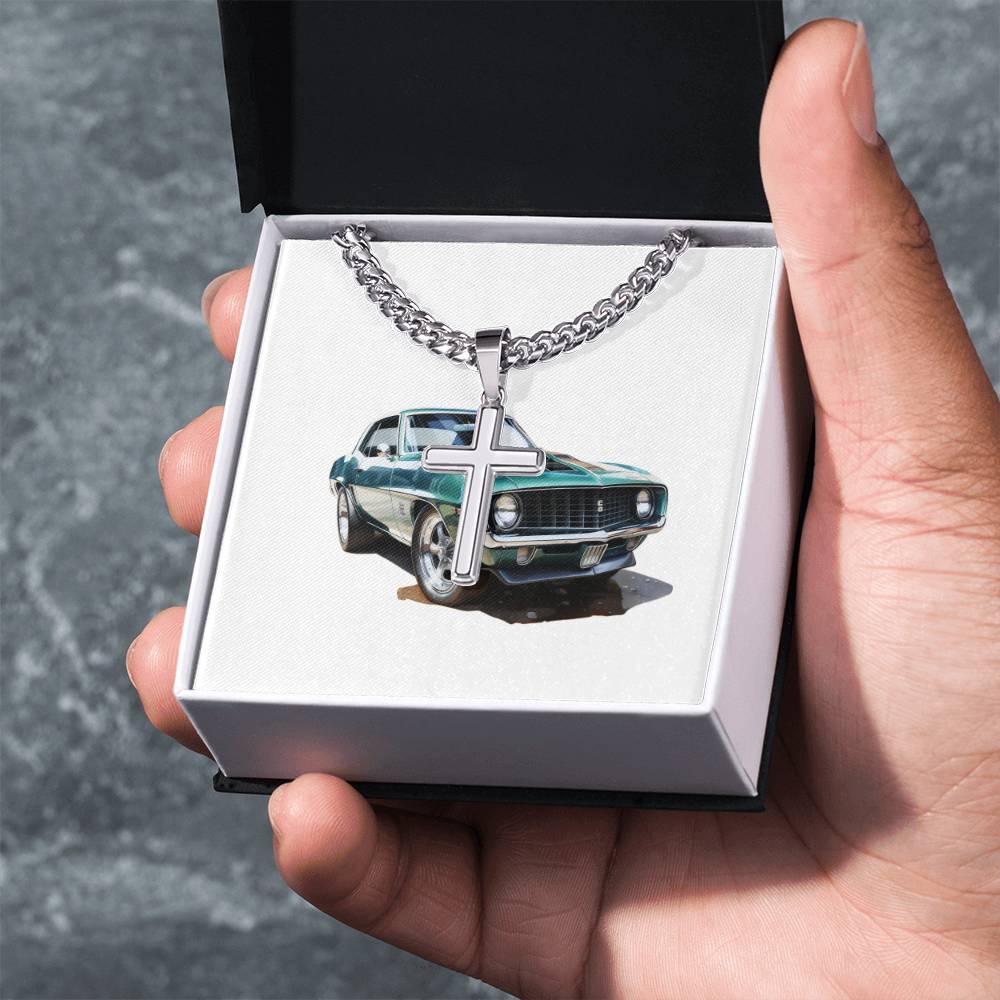 Muscle Car 09 - Stainless Steel Cuban Link Chain Cross Necklace