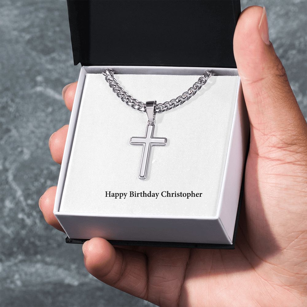 Happy Birthday Christopher - Stainless Steel Cuban Link Chain Cross Necklace