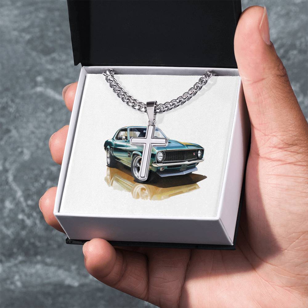 Muscle Car 11 - Stainless Steel Cuban Link Chain Cross Necklace