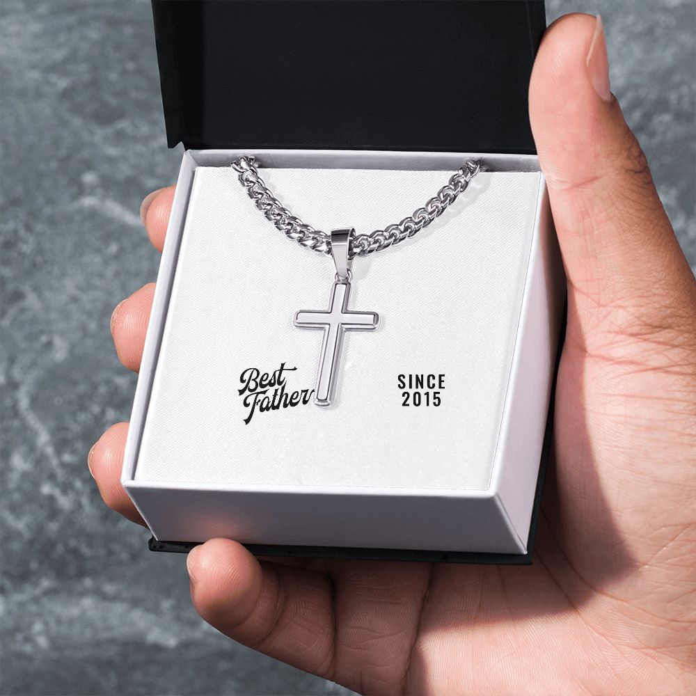 Best Father Since 2015 - Stainless Steel Cuban Link Chain Cross Necklace