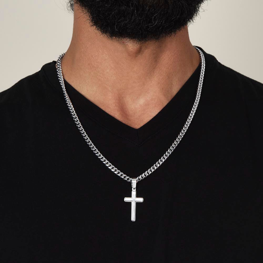 Best Father Since 2019 - Stainless Steel Cuban Link Chain Cross Necklace With Mahogany Style Luxury Box