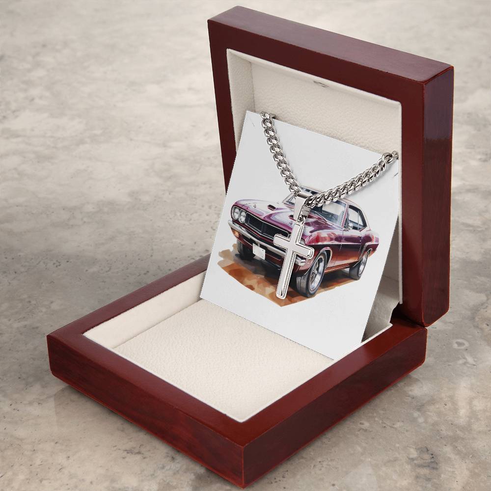 Muscle Car 10 - Stainless Steel Cuban Link Chain Cross Necklace With Mahogany Style Luxury Box