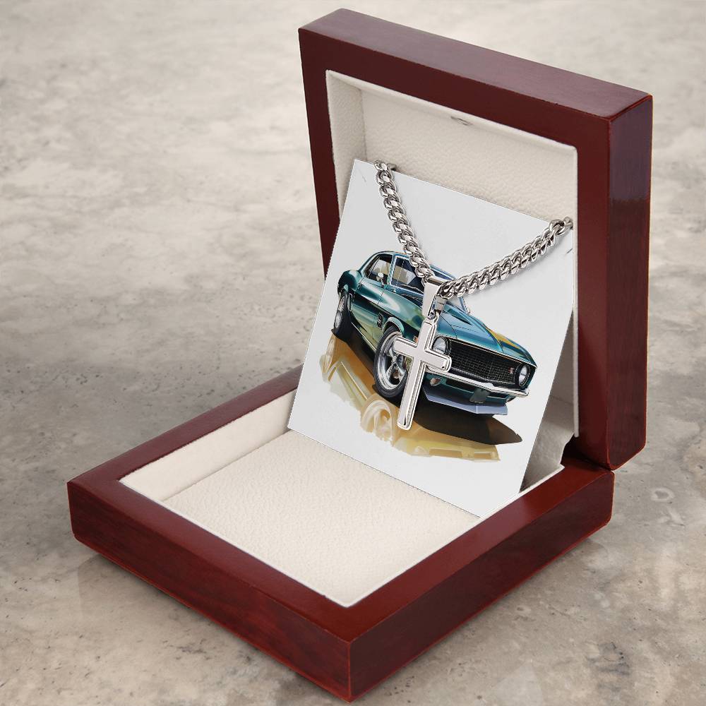 Muscle Car 11 - Stainless Steel Cuban Link Chain Cross Necklace With Mahogany Style Luxury Box