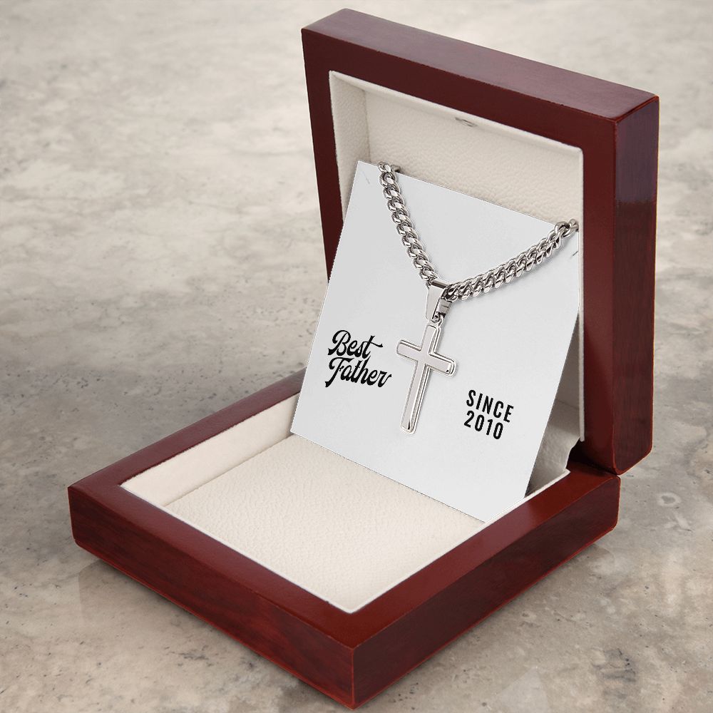 Best Father Since 2010 - Stainless Steel Cuban Link Chain Cross Necklace With Mahogany Style Luxury Box