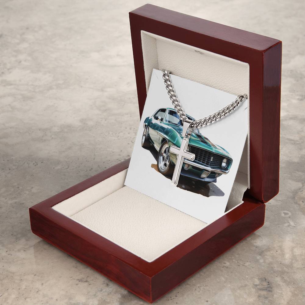 Muscle Car 09 - Stainless Steel Cuban Link Chain Cross Necklace With Mahogany Style Luxury Box