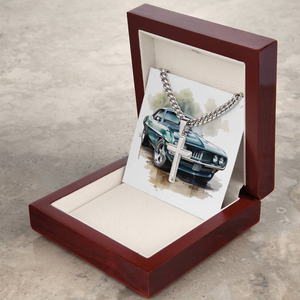 Muscle Car 13 - Stainless Steel Cuban Link Chain Cross Necklace With Mahogany Style Luxury Box
