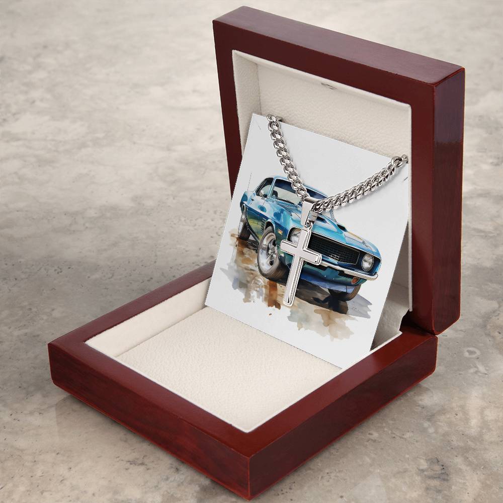 Muscle Car 12 - Stainless Steel Cuban Link Chain Cross Necklace With Mahogany Style Luxury Box