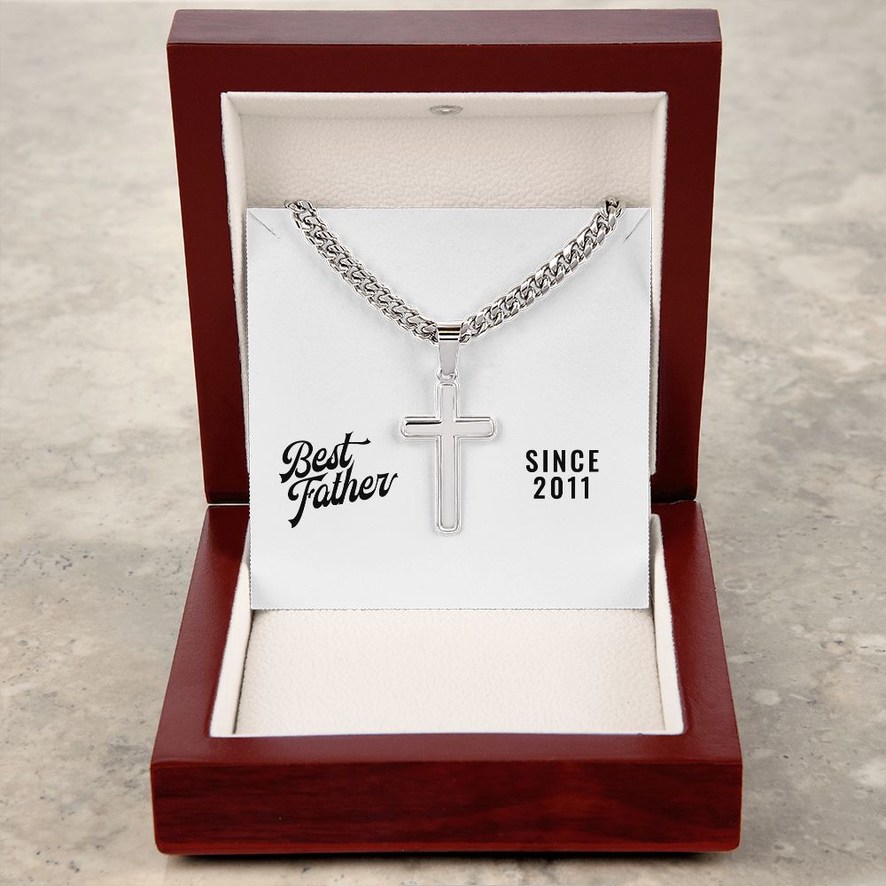 Best Father Since 2011 - Stainless Steel Cuban Link Chain Cross Necklace With Mahogany Style Luxury Box