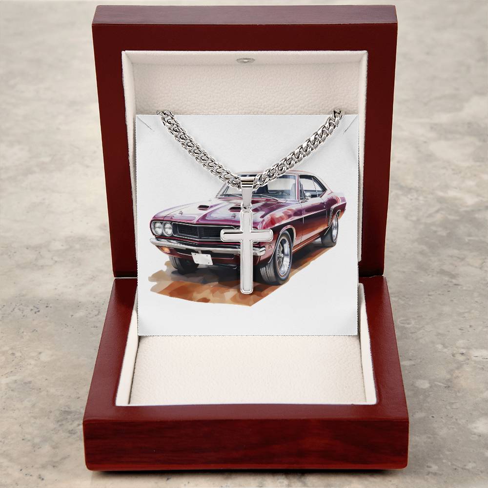 Muscle Car 10 - Stainless Steel Cuban Link Chain Cross Necklace With Mahogany Style Luxury Box