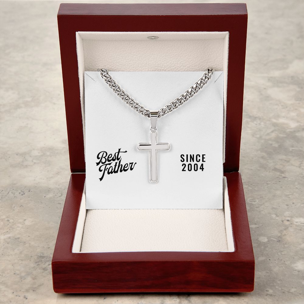 Best Father Since 2004 - Stainless Steel Cuban Link Chain Cross Necklace With Mahogany Style Luxury Box