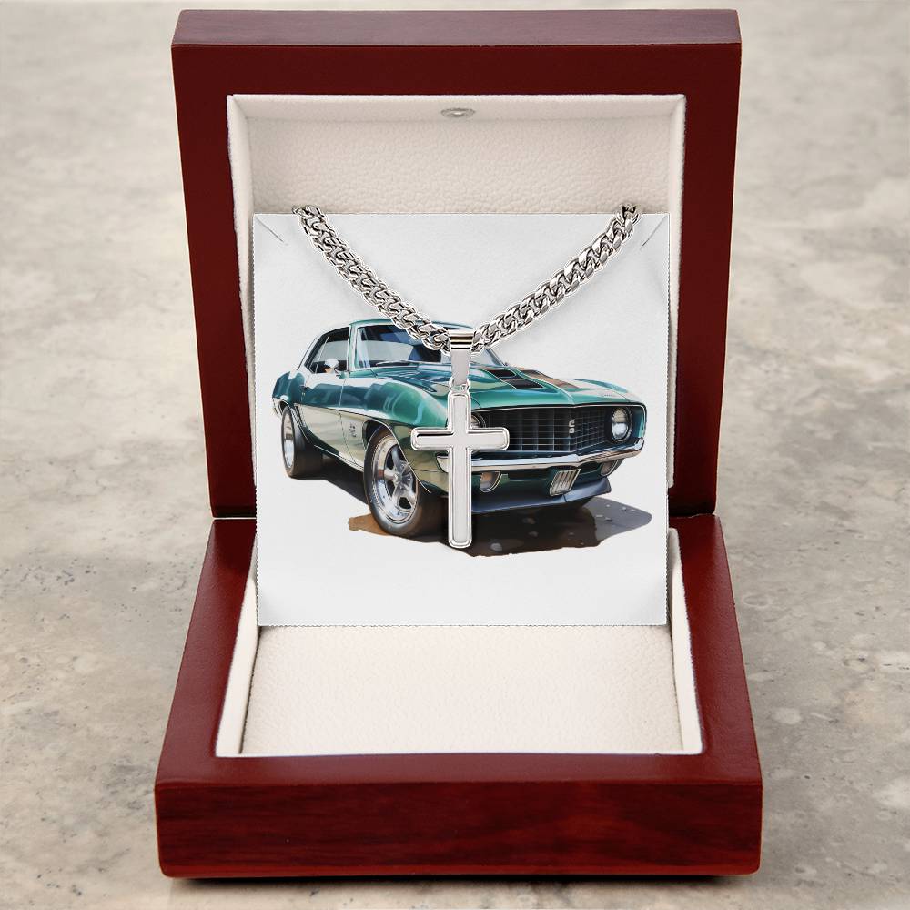 Muscle Car 09 - Stainless Steel Cuban Link Chain Cross Necklace With Mahogany Style Luxury Box
