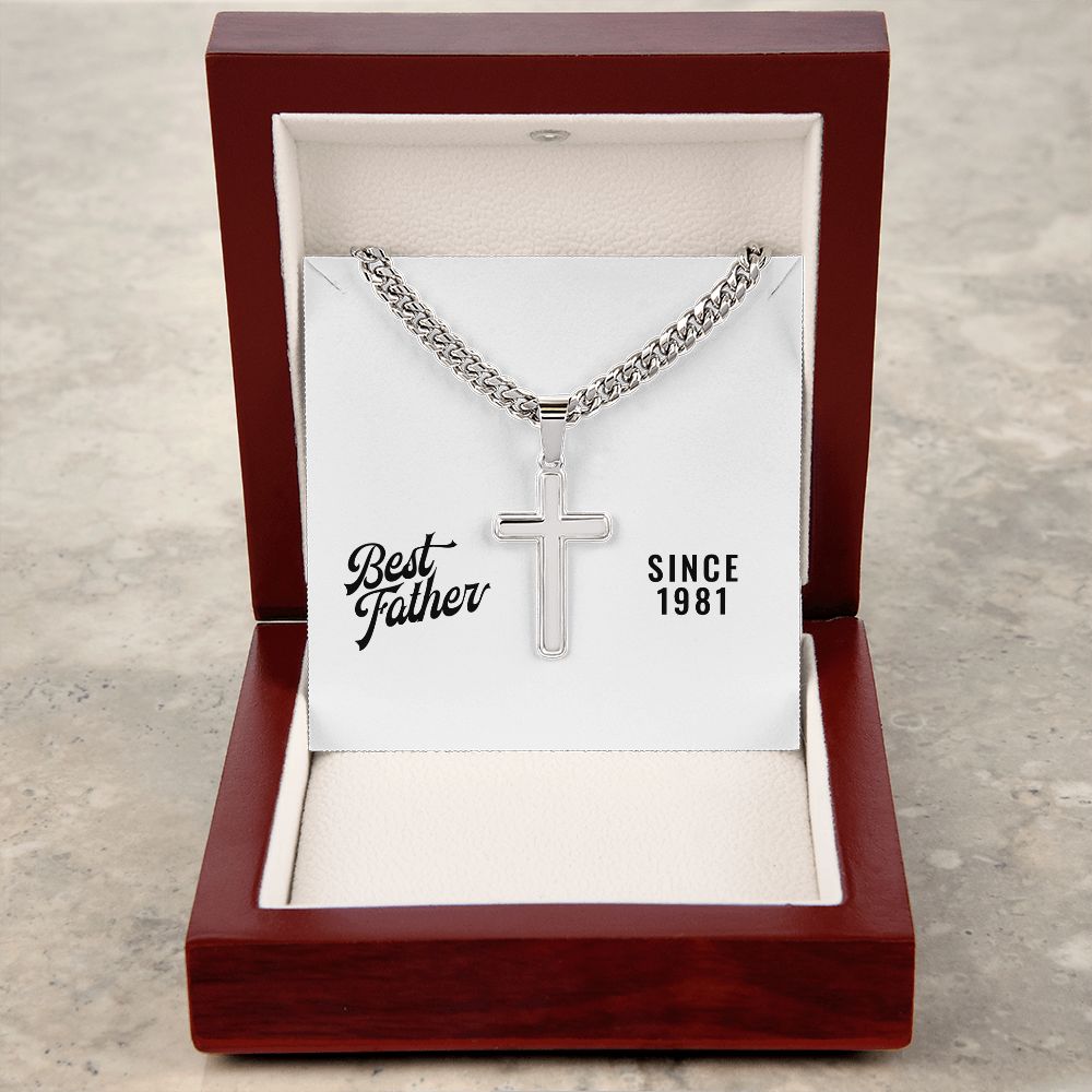 Best Father Since 1981 - Stainless Steel Cuban Link Chain Cross Necklace With Mahogany Style Luxury Box