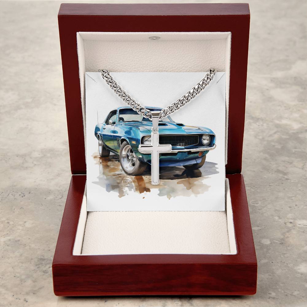 Muscle Car 12 - Stainless Steel Cuban Link Chain Cross Necklace With Mahogany Style Luxury Box