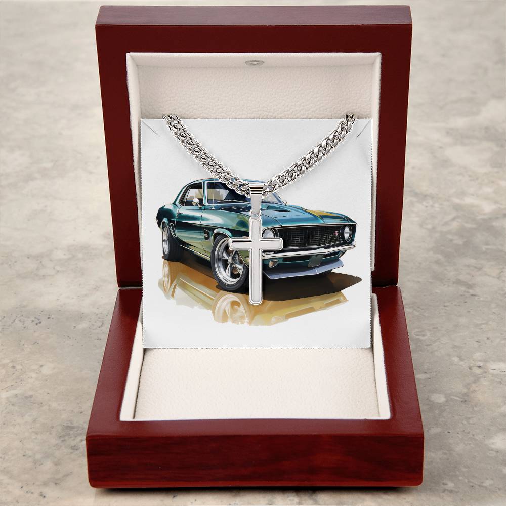 Muscle Car 11 - Stainless Steel Cuban Link Chain Cross Necklace With Mahogany Style Luxury Box