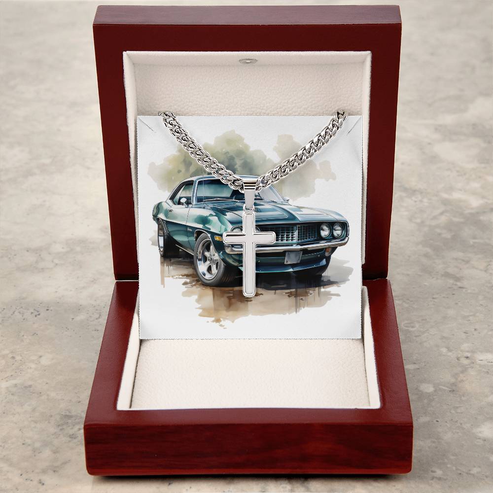 Muscle Car 13 - Stainless Steel Cuban Link Chain Cross Necklace With Mahogany Style Luxury Box
