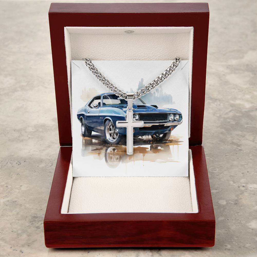 Muscle Car 02 - Stainless Steel Cuban Link Chain Cross Necklace With Mahogany Style Luxury Box