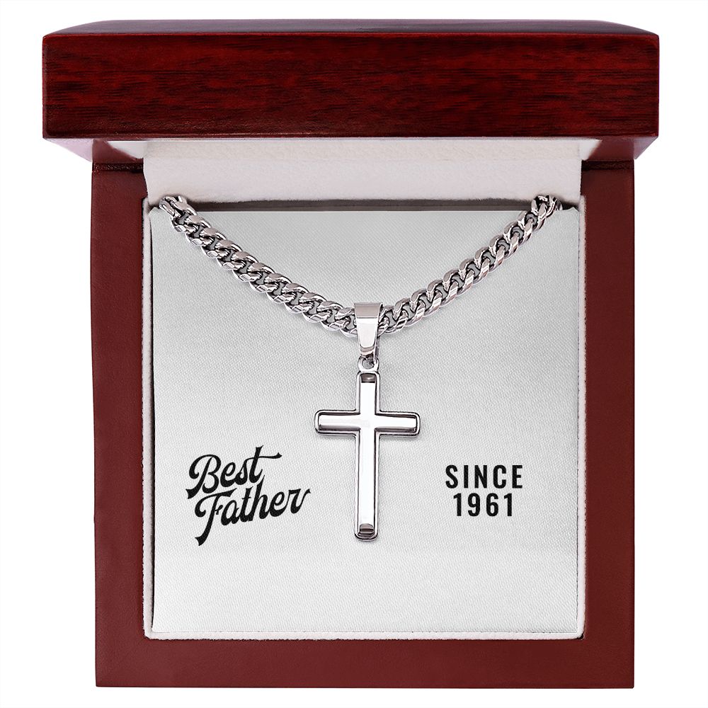 Best Father Since 1961 - Stainless Steel Cuban Link Chain Cross Necklace With Mahogany Style Luxury Box