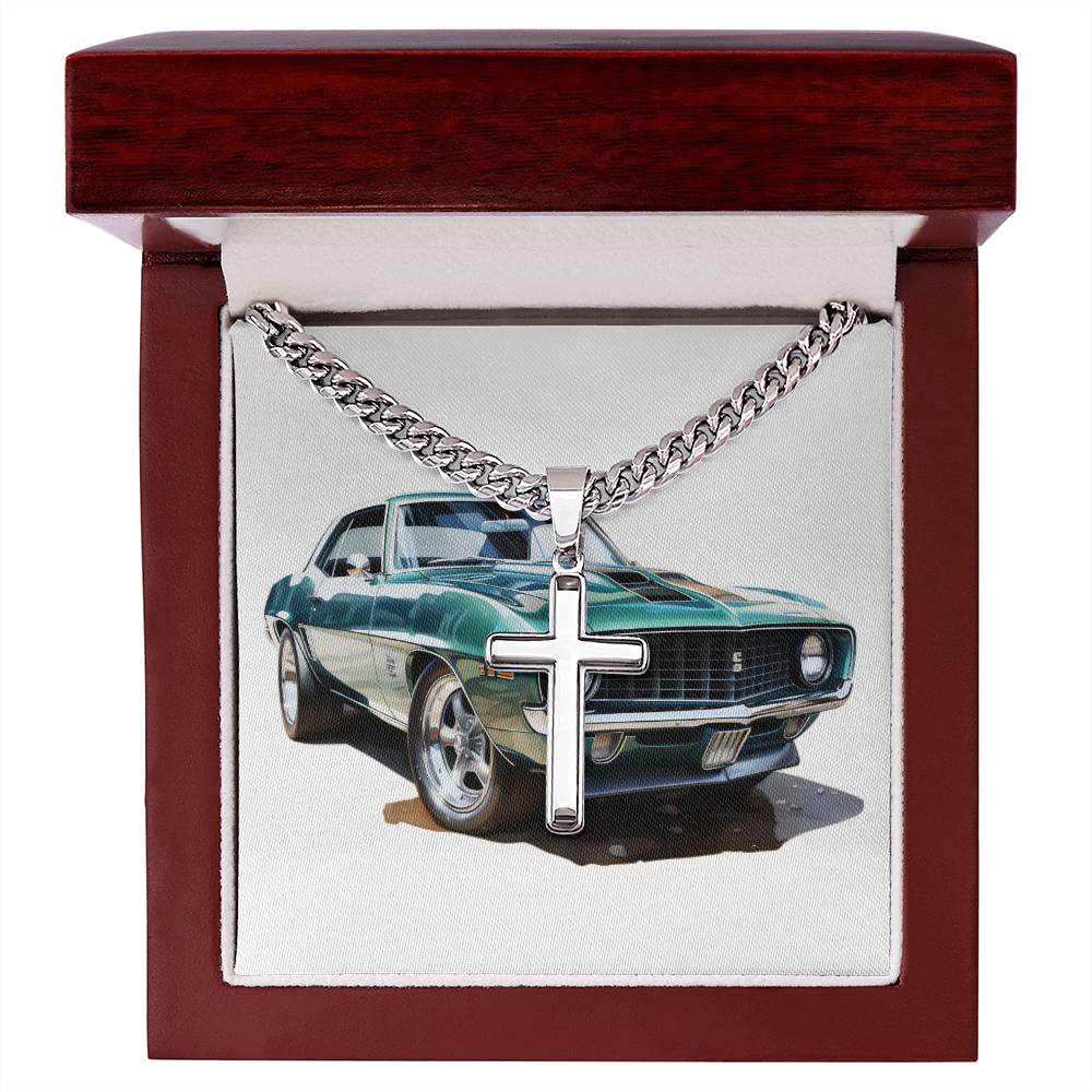 Muscle Car 09 - Stainless Steel Cuban Link Chain Cross Necklace With Mahogany Style Luxury Box