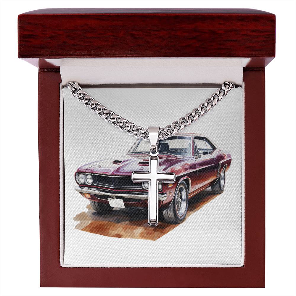 Muscle Car 10 - Stainless Steel Cuban Link Chain Cross Necklace With Mahogany Style Luxury Box