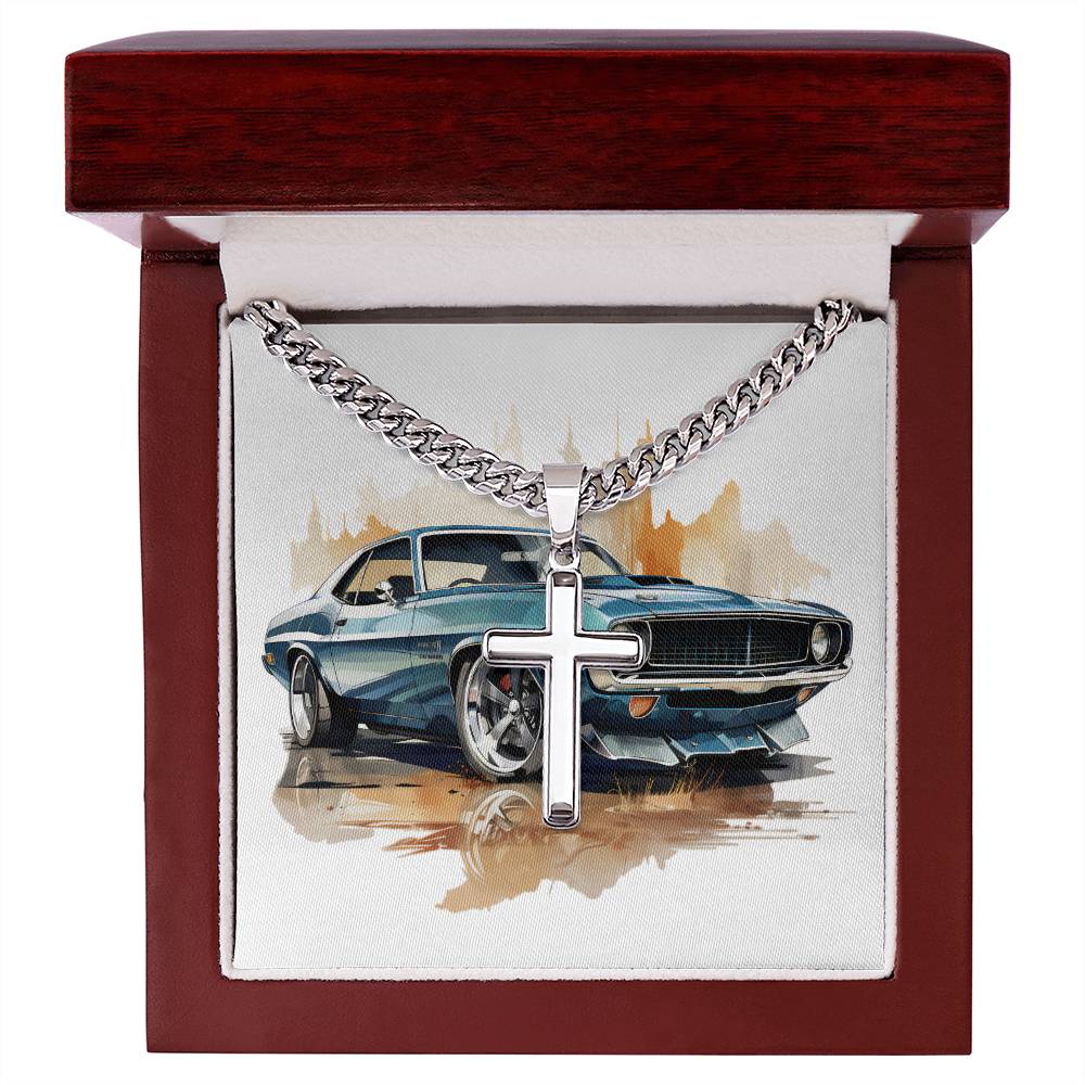 Muscle Car 03 - Stainless Steel Cuban Link Chain Cross Necklace With Mahogany Style Luxury Box