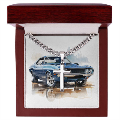 Muscle Car 02 - Stainless Steel Cuban Link Chain Cross Necklace With Mahogany Style Luxury Box