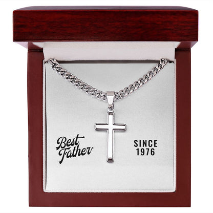 Best Father Since 1976 - Stainless Steel Cuban Link Chain Cross Necklace With Mahogany Style Luxury Box