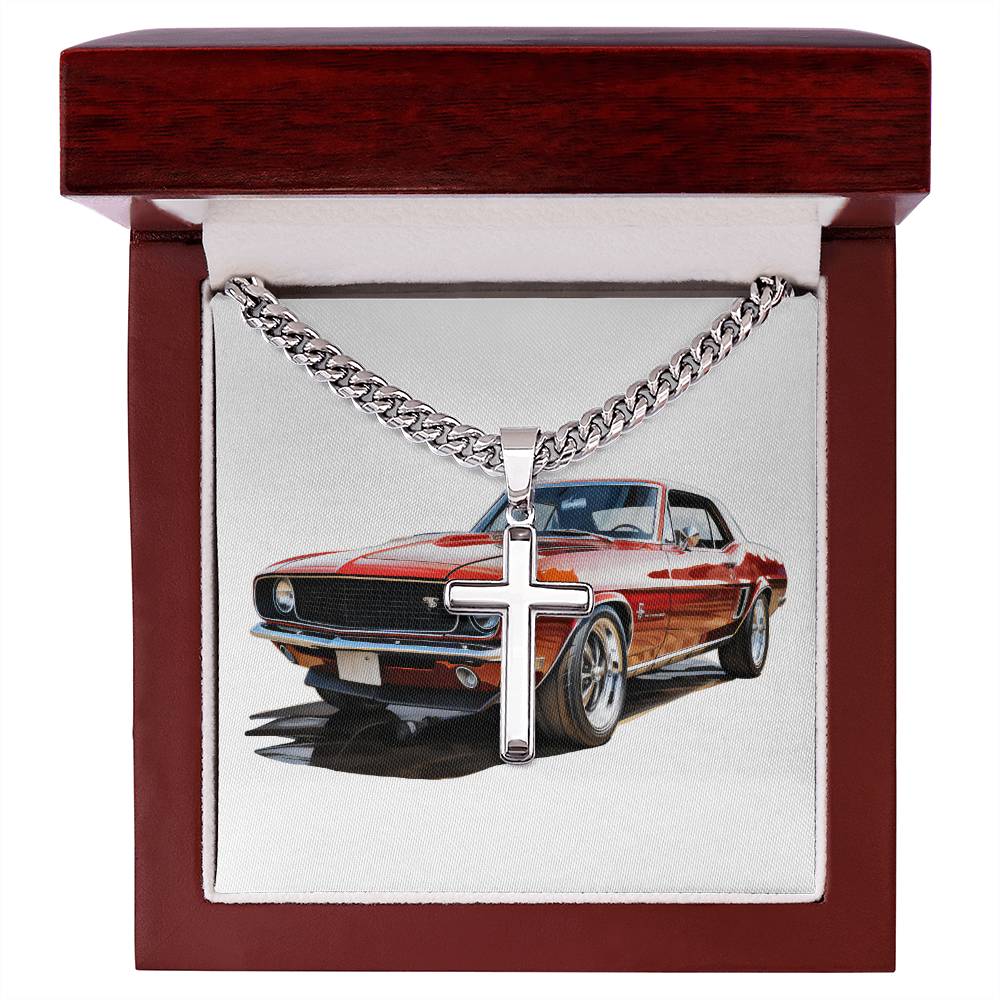 Muscle Car 01 - Stainless Steel Cuban Link Chain Cross Necklace With Mahogany Style Luxury Box