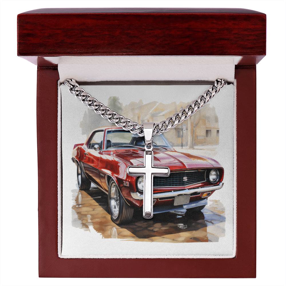 Muscle Car 04 - Stainless Steel Cuban Link Chain Cross Necklace With Mahogany Style Luxury Box