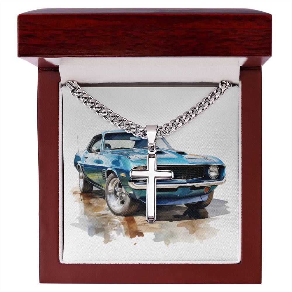 Muscle Car 12 - Stainless Steel Cuban Link Chain Cross Necklace With Mahogany Style Luxury Box