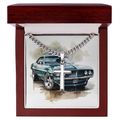 Muscle Car 13 - Stainless Steel Cuban Link Chain Cross Necklace With Mahogany Style Luxury Box