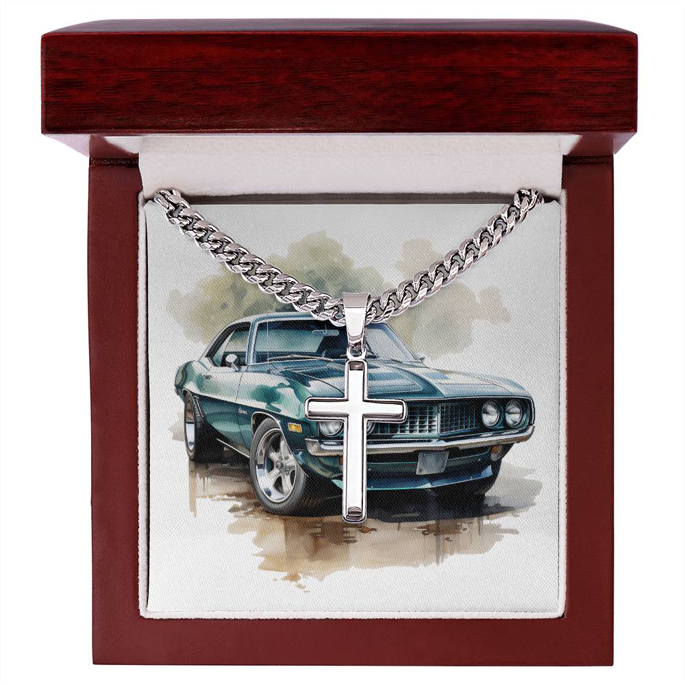 Muscle Car 13 - Stainless Steel Cuban Link Chain Cross Necklace With Mahogany Style Luxury Box