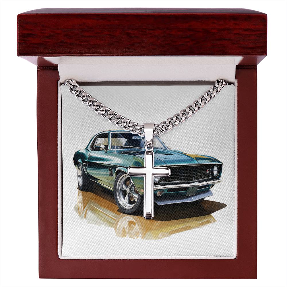 Muscle Car 11 - Stainless Steel Cuban Link Chain Cross Necklace With Mahogany Style Luxury Box