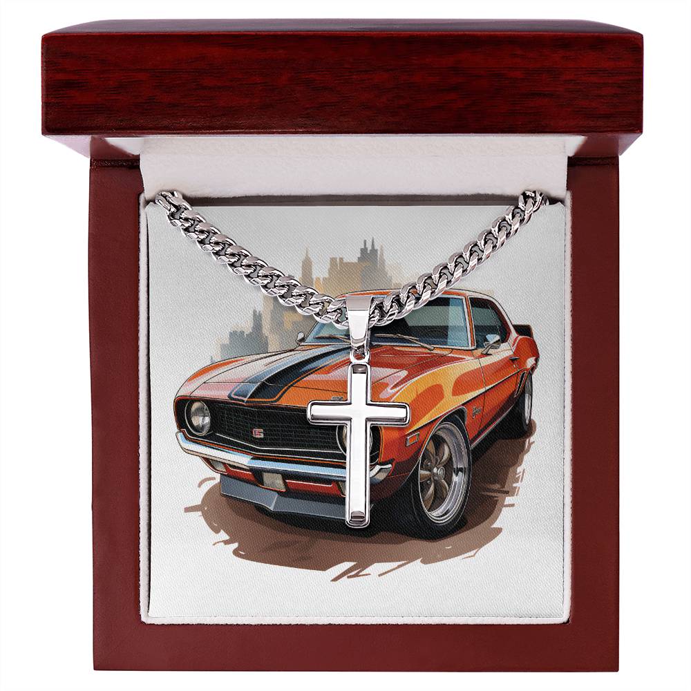 Muscle Car 08 - Stainless Steel Cuban Link Chain Cross Necklace With Mahogany Style Luxury Box
