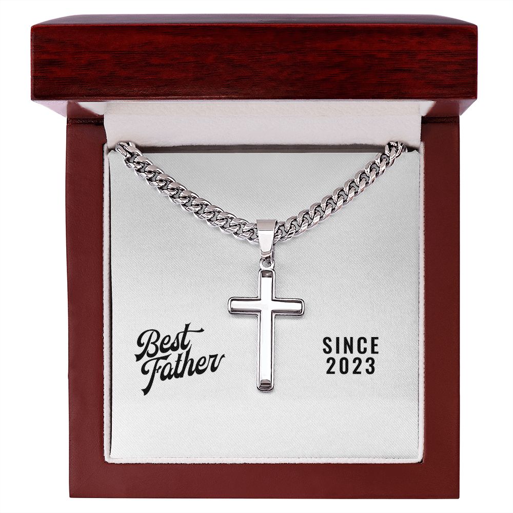 Best Father Since 2023 - Stainless Steel Cuban Link Chain Cross Necklace With Mahogany Style Luxury Box