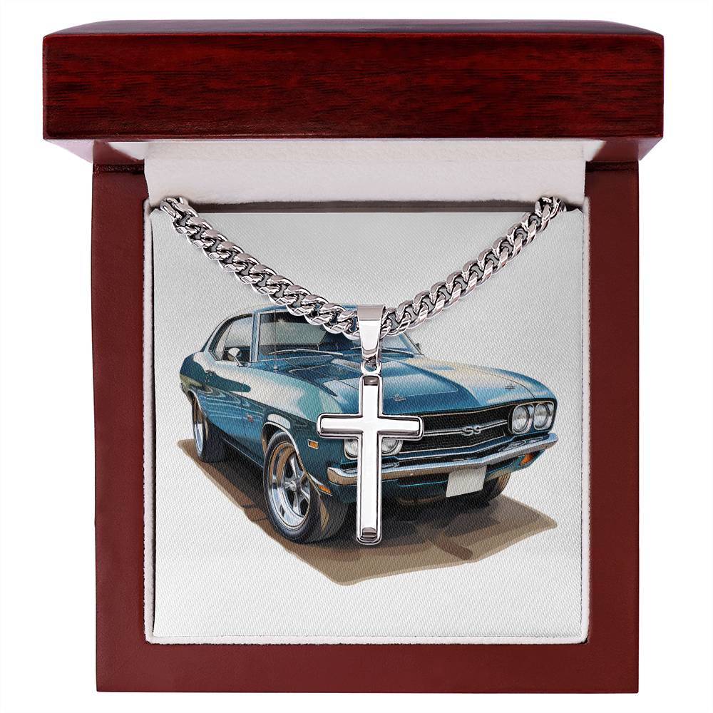 Muscle Car 05 - Stainless Steel Cuban Link Chain Cross Necklace With Mahogany Style Luxury Box