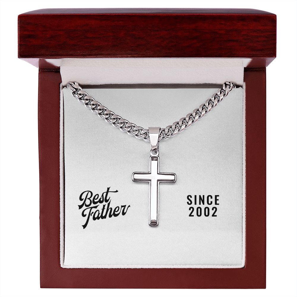 Best Father Since 2002 - Stainless Steel Cuban Link Chain Cross Necklace With Mahogany Style Luxury Box