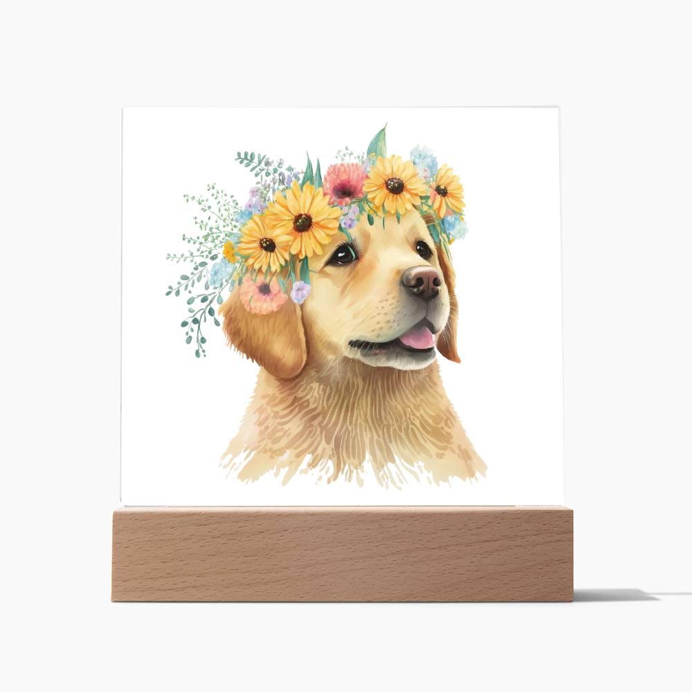 Dog And Spring Flowers (Watercolor) 01 - Square Acrylic Plaque