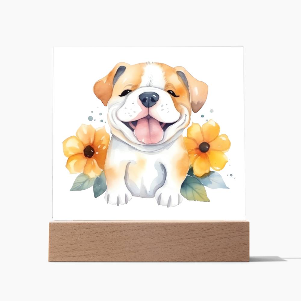 Bulldog And Flowers (Watercolor) 01 - Square Acrylic Plaque
