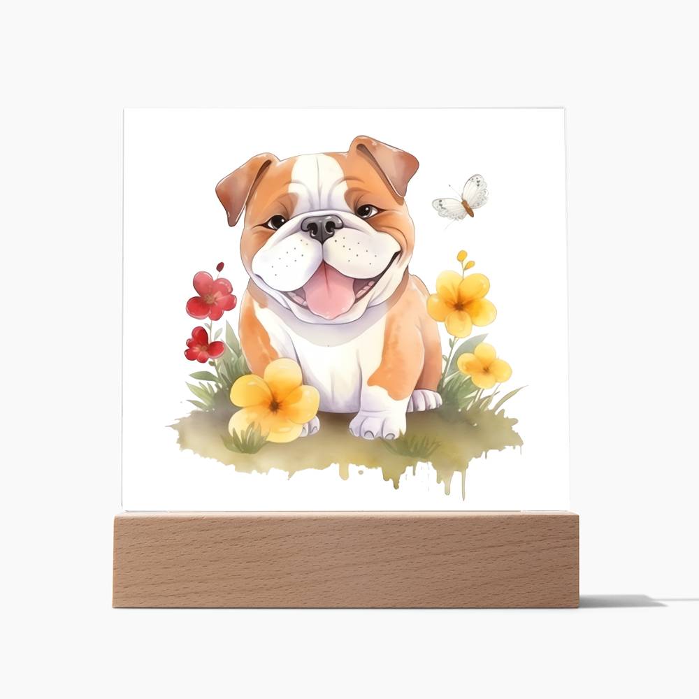 Bulldog And Flowers (Watercolor) 04 - Square Acrylic Plaque