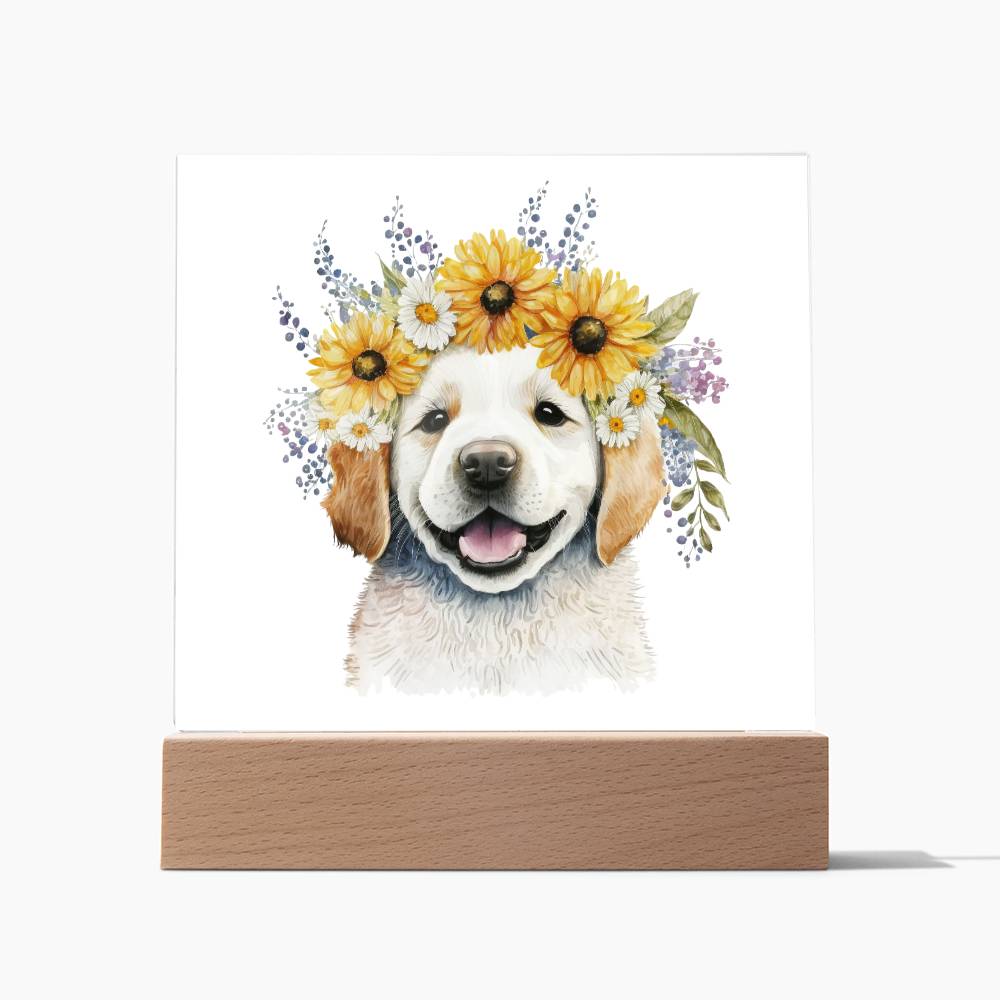 Dog And Spring Flowers (Watercolor) 02 - Square Acrylic Plaque