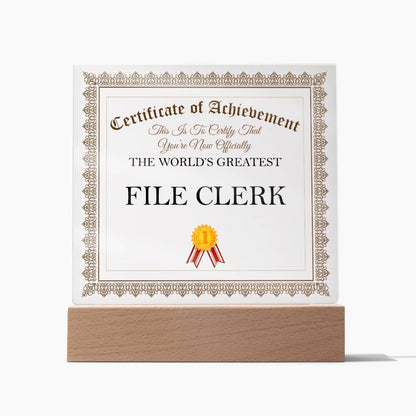 World's Greatest File Clerk - Square Acrylic Plaque